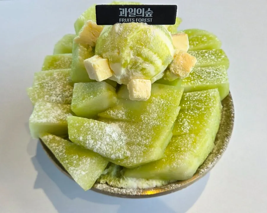 Ice cream and cheesecake cubes atop the melon snow bingsu