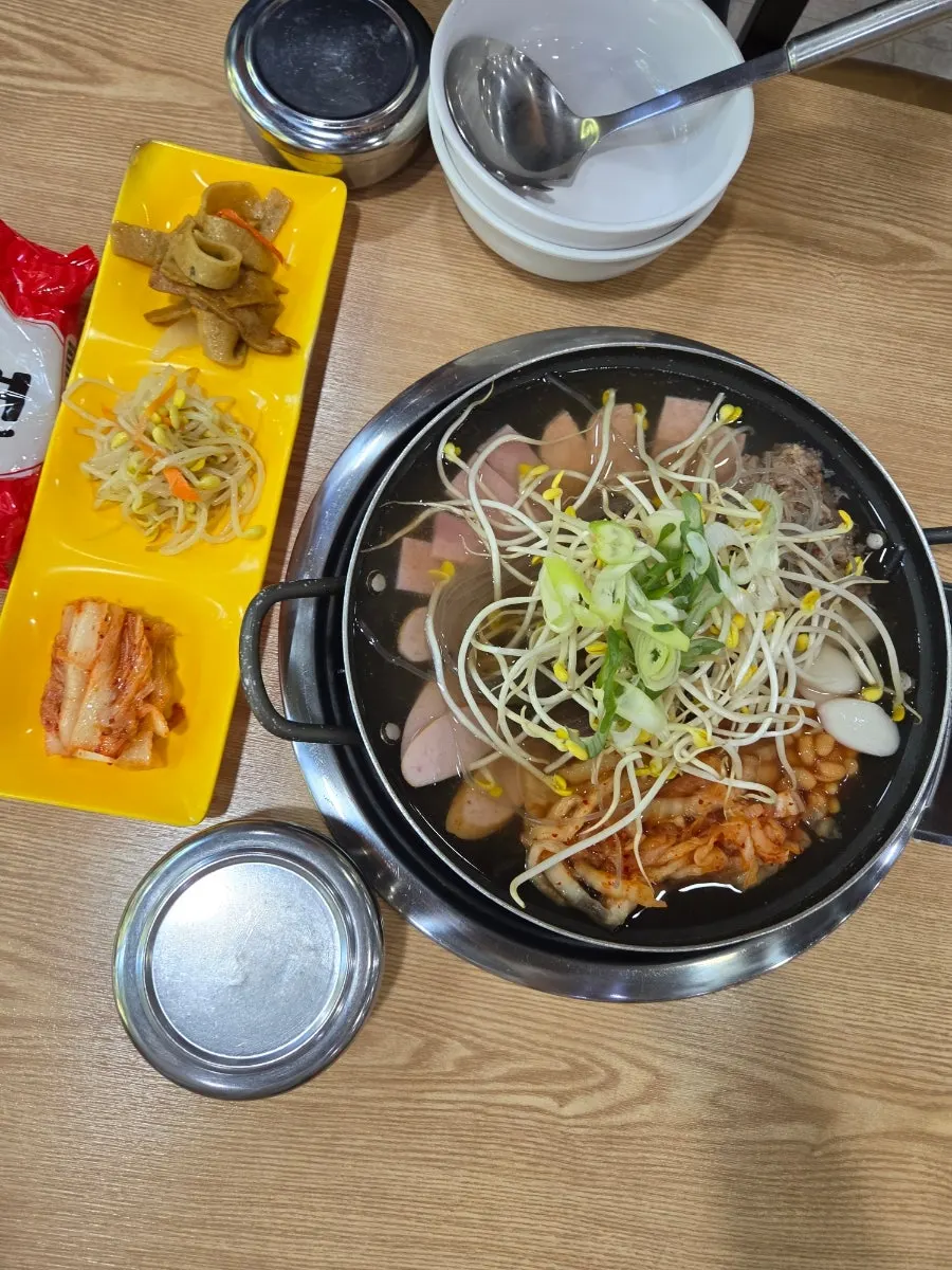 Basic budae jjigae for two set up on the table