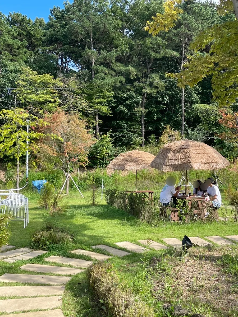 People enjoying the café outdoors on a clear early-autumn day