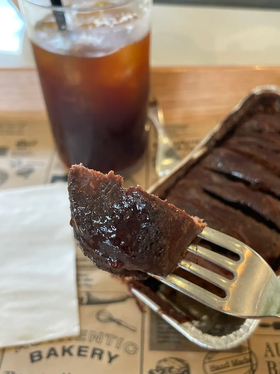 Cross-section of the double choco bread coated in chocolate