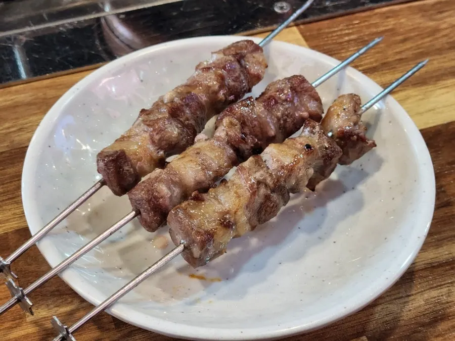 Close-up cross-section of grilled lamb skewer meat