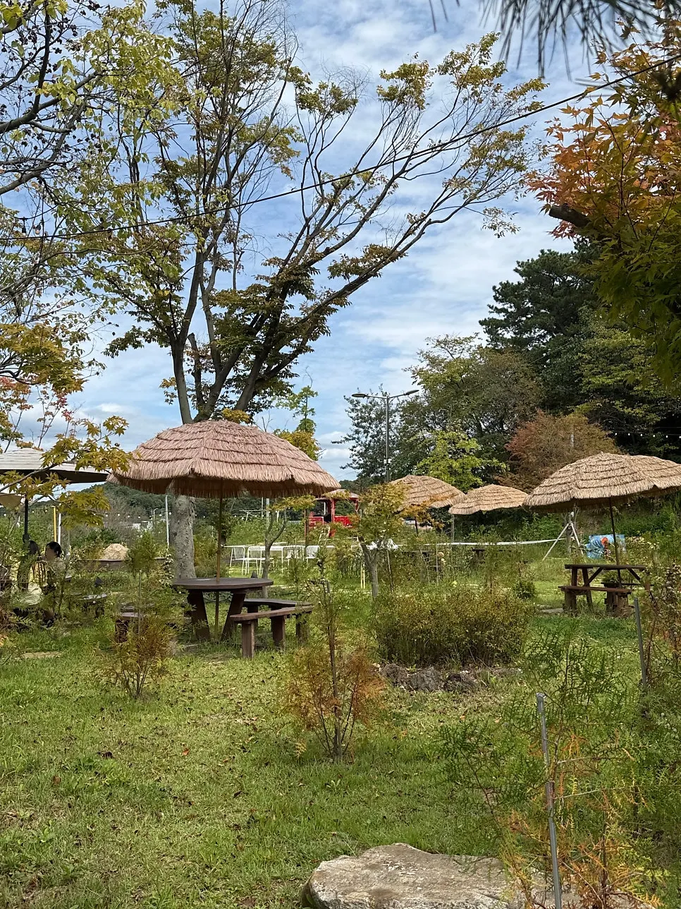 Outdoor seating around the On the Rail building