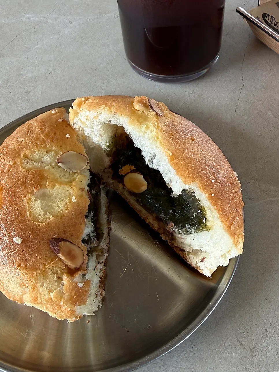 Cross-section of mugwort red bean salt bread