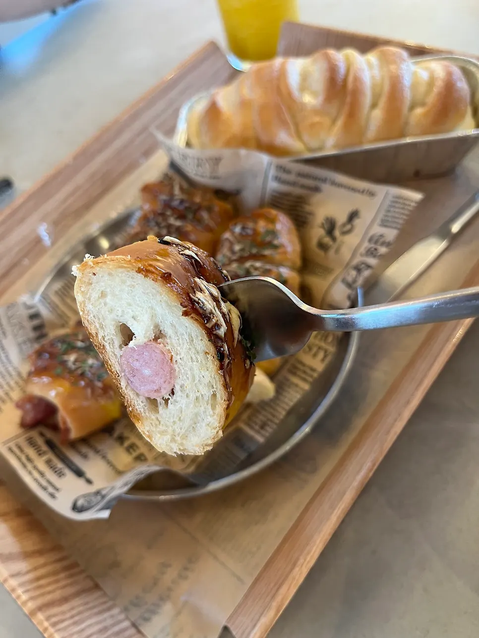 Close-up of On the Rail's long sausage bread