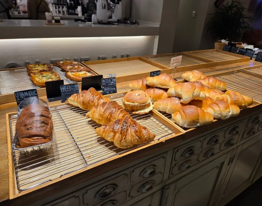 Bakery display case filled with bread
