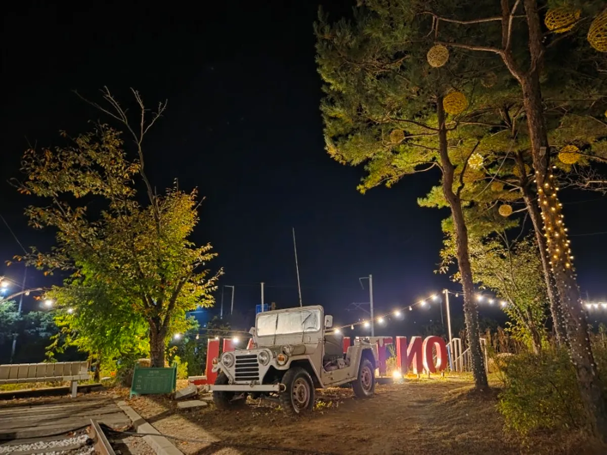 On the Rail's outdoor space lit up at night