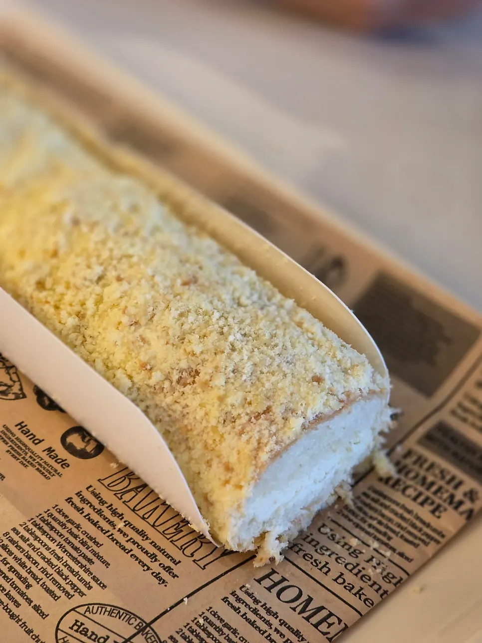 Cross-section of the On the Rail custard cream bread cut in half