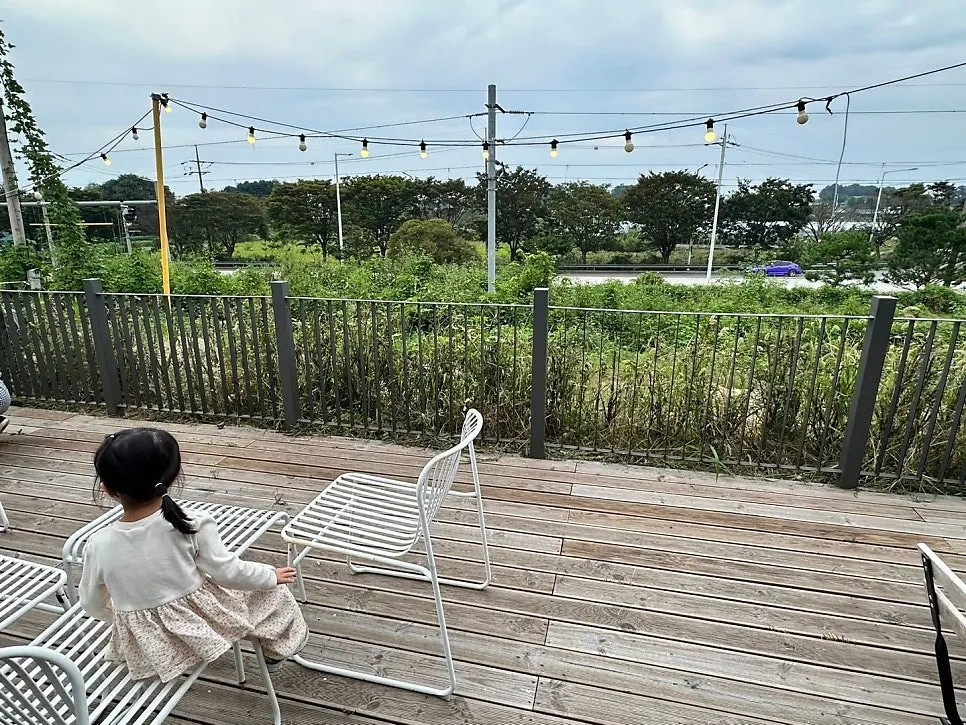 Outdoor terrace seating with a view of the railway