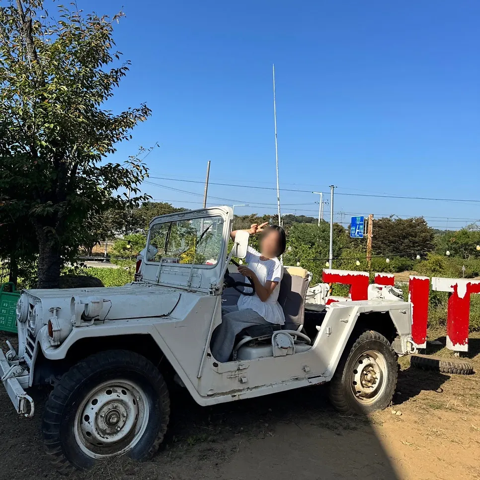 Vintage jeep on display in the café's outdoor area