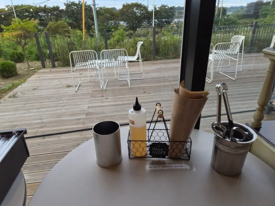 View through the window from inside the café