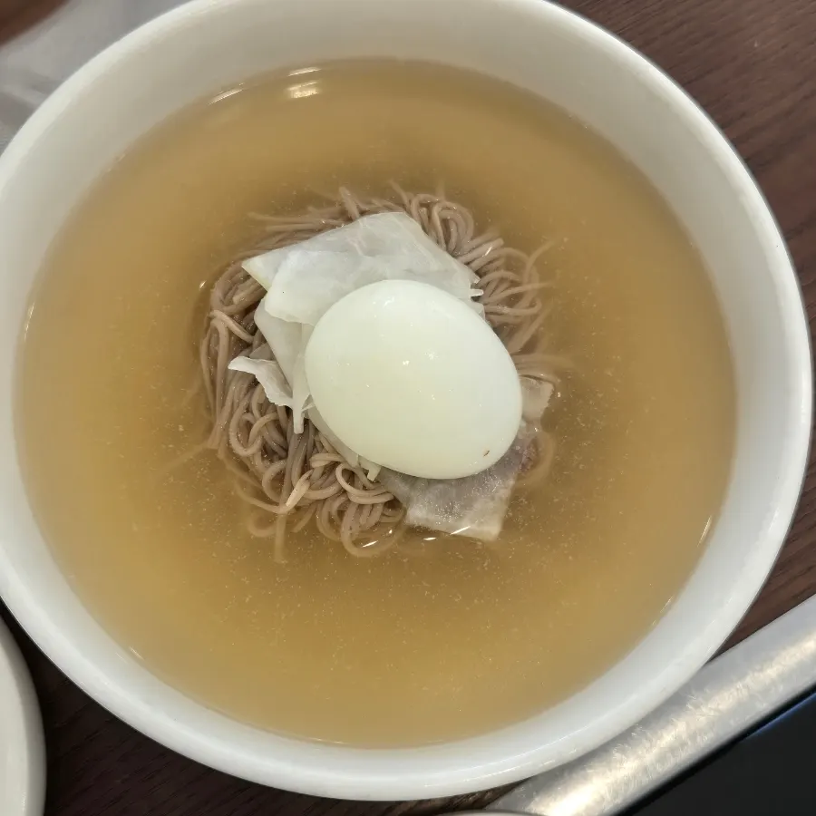 Bowl of Pyeongyang water makguksu in clear broth