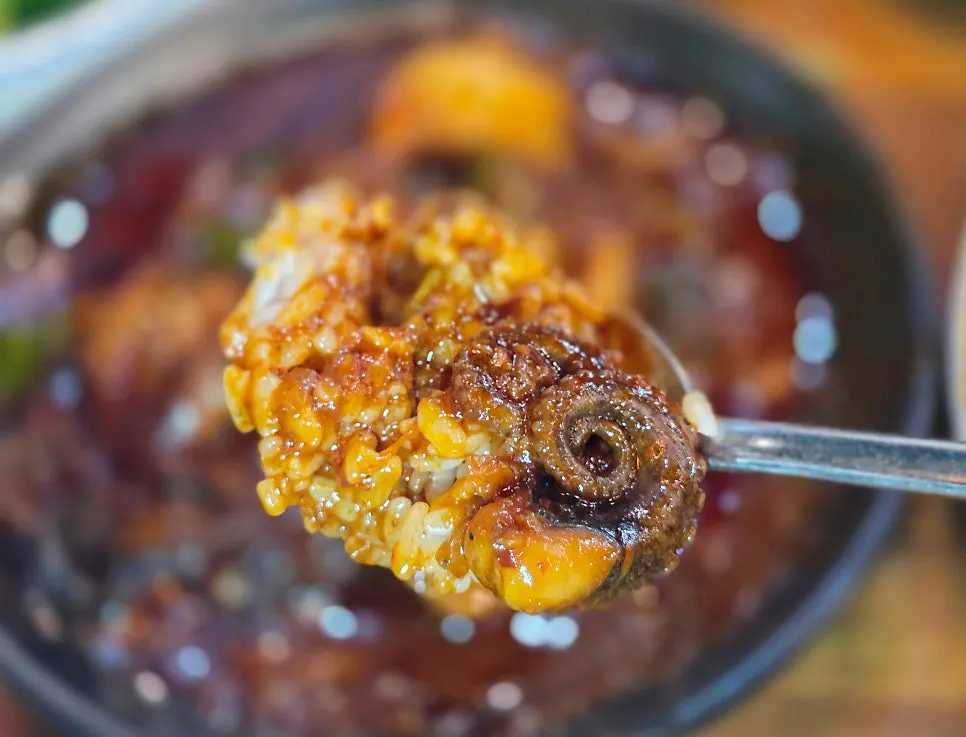 Rice mixed with octopus sauce