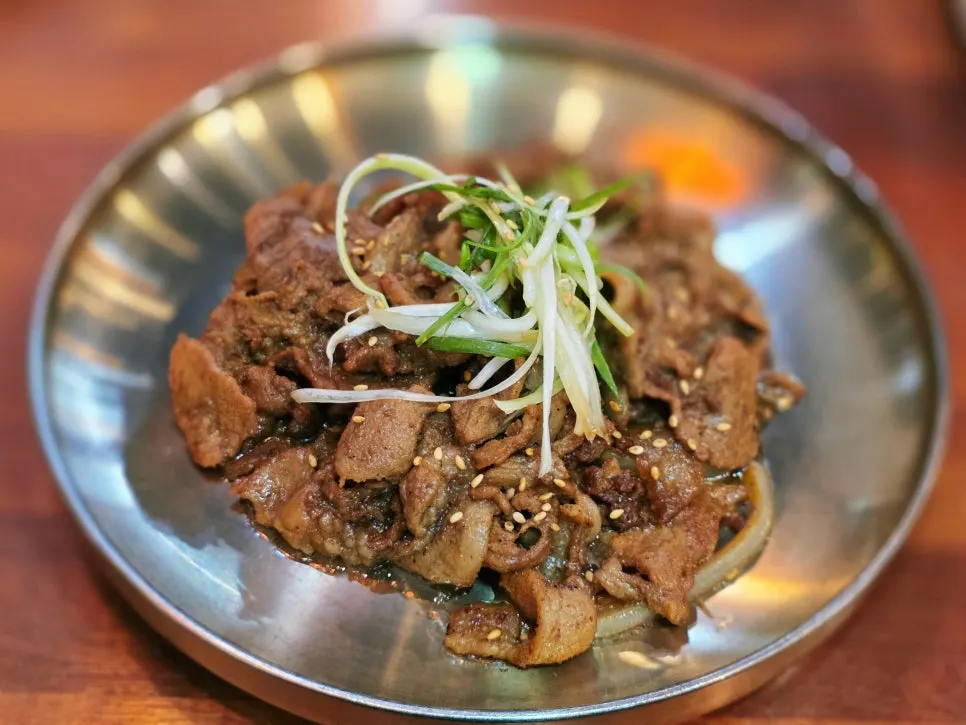 Close-up of pork bulgogi seasoned through to the center