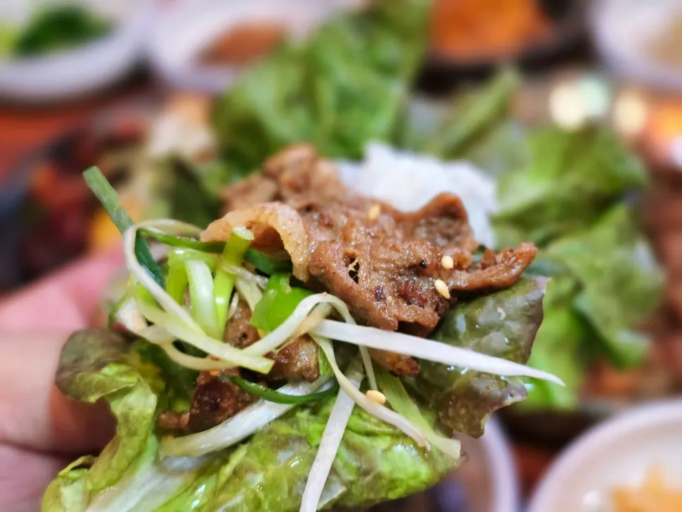 Lettuce wrap with rice, bulgogi, and scallion shreds