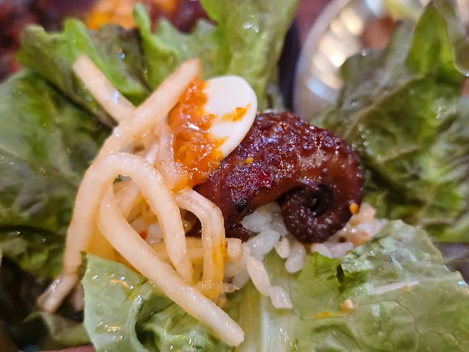Bowl of rice topped with cheonggukjang and octopus