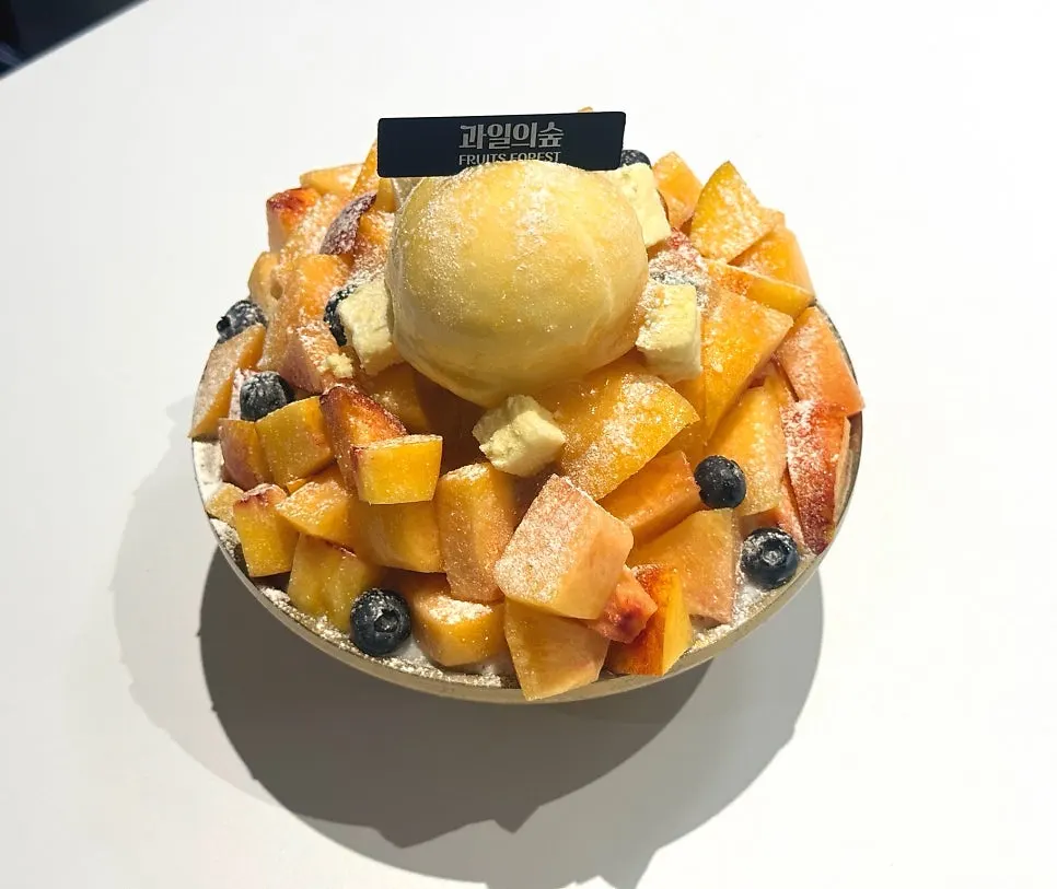 Bingsu topped with peach, blueberries, and ice cream