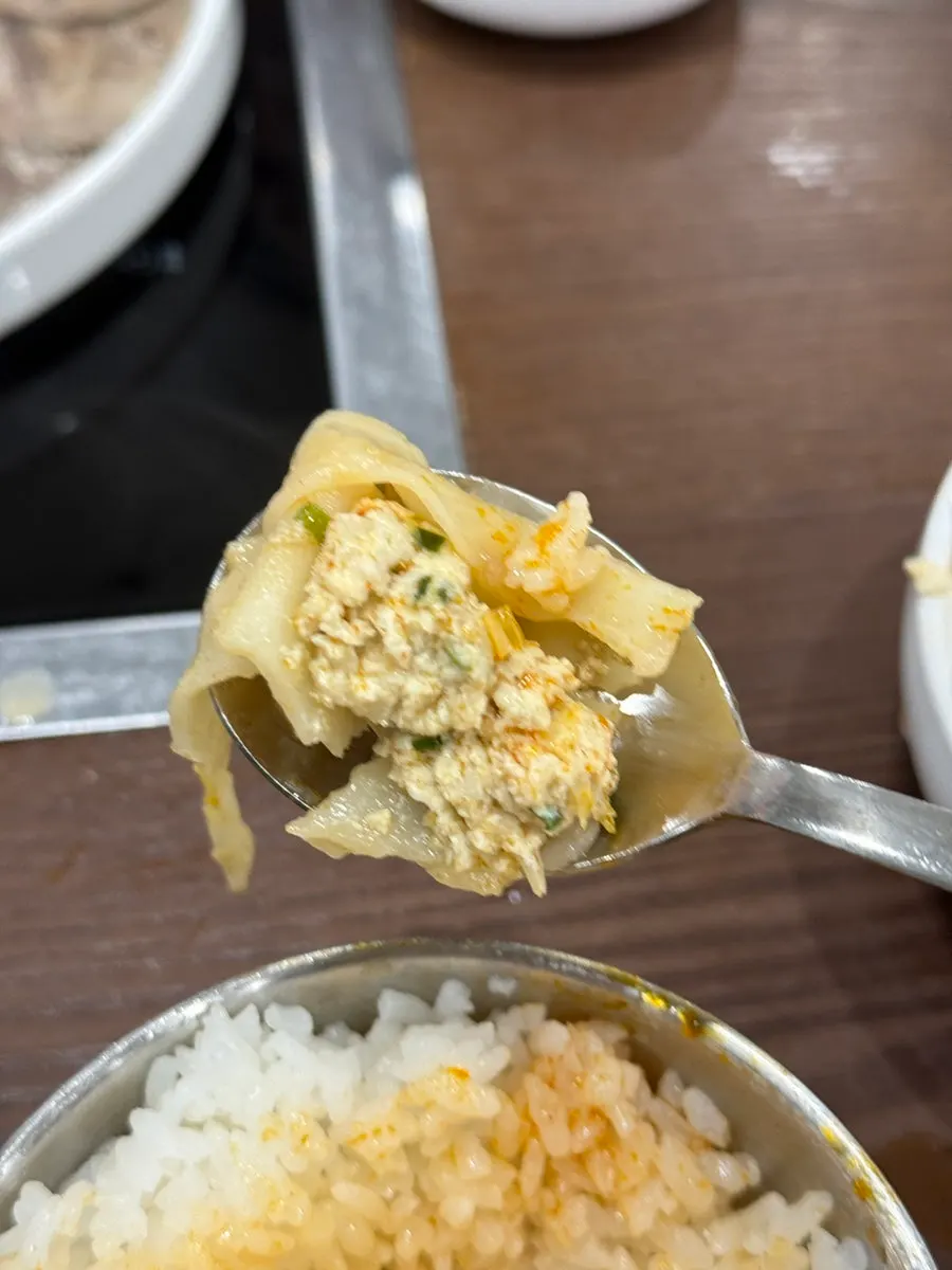 Lifting a dumpling out of the Pyeongyang mandu soup