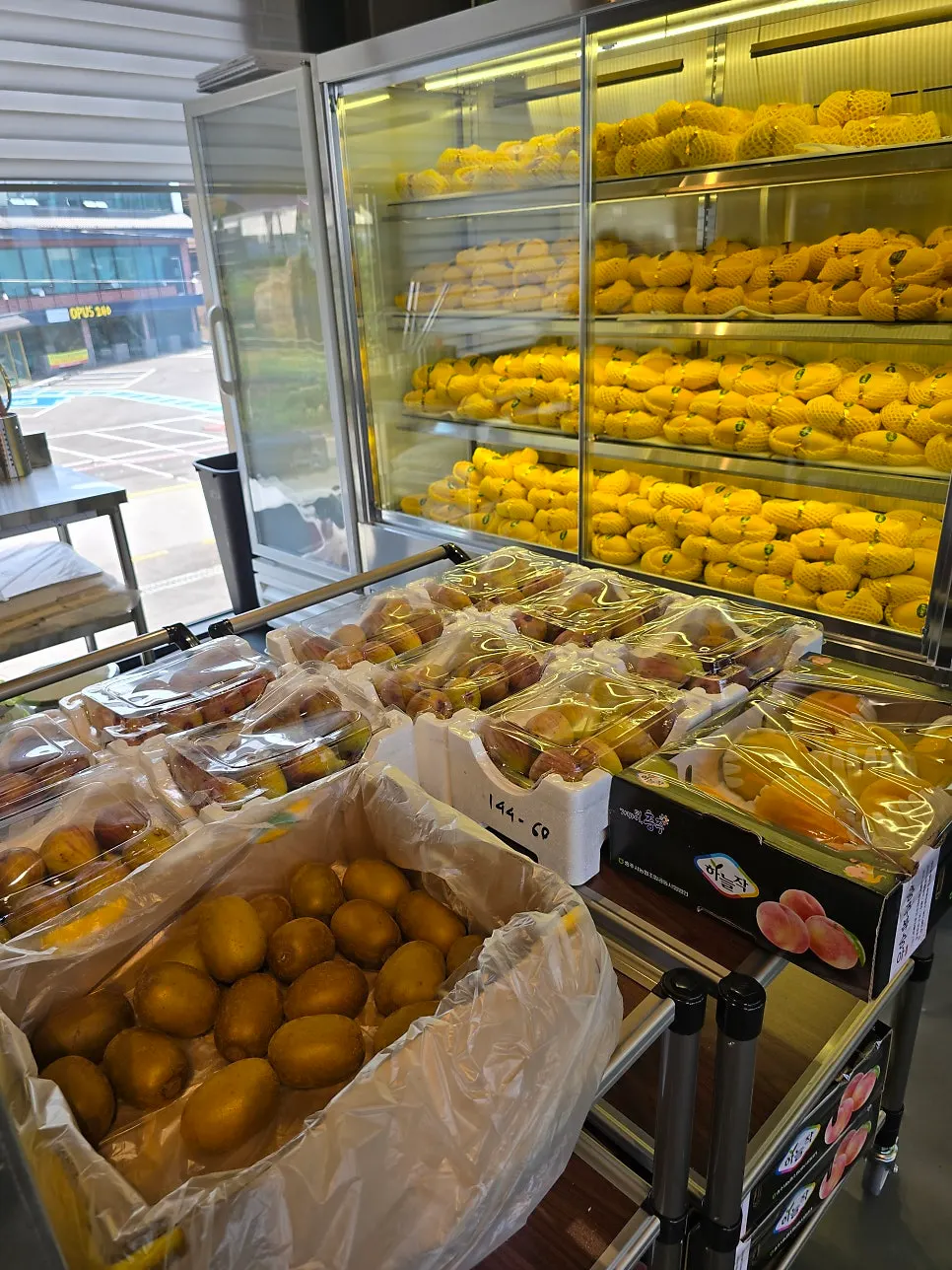Refrigerated showcase stocked with shine muscat grapes and watermelon