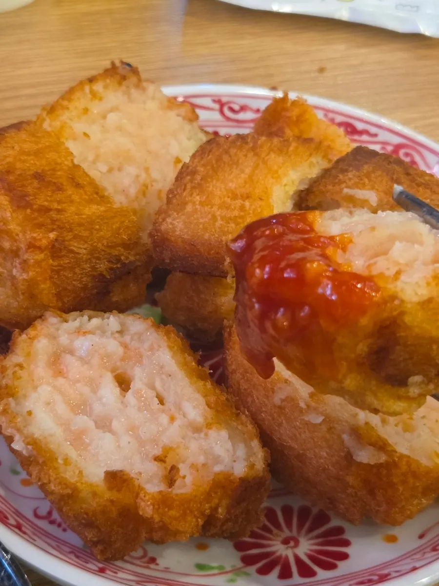 Cross-section of menbosha packed with shrimp filling