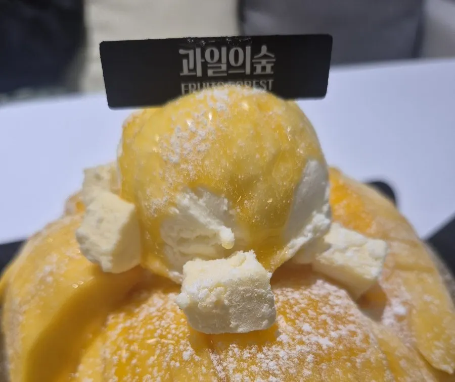 Close-up of mango bingsu with ice cream