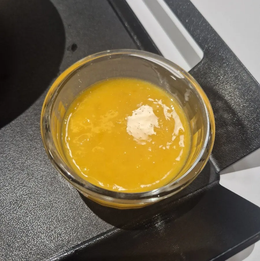 Cheese cubes mixed into the mango bingsu