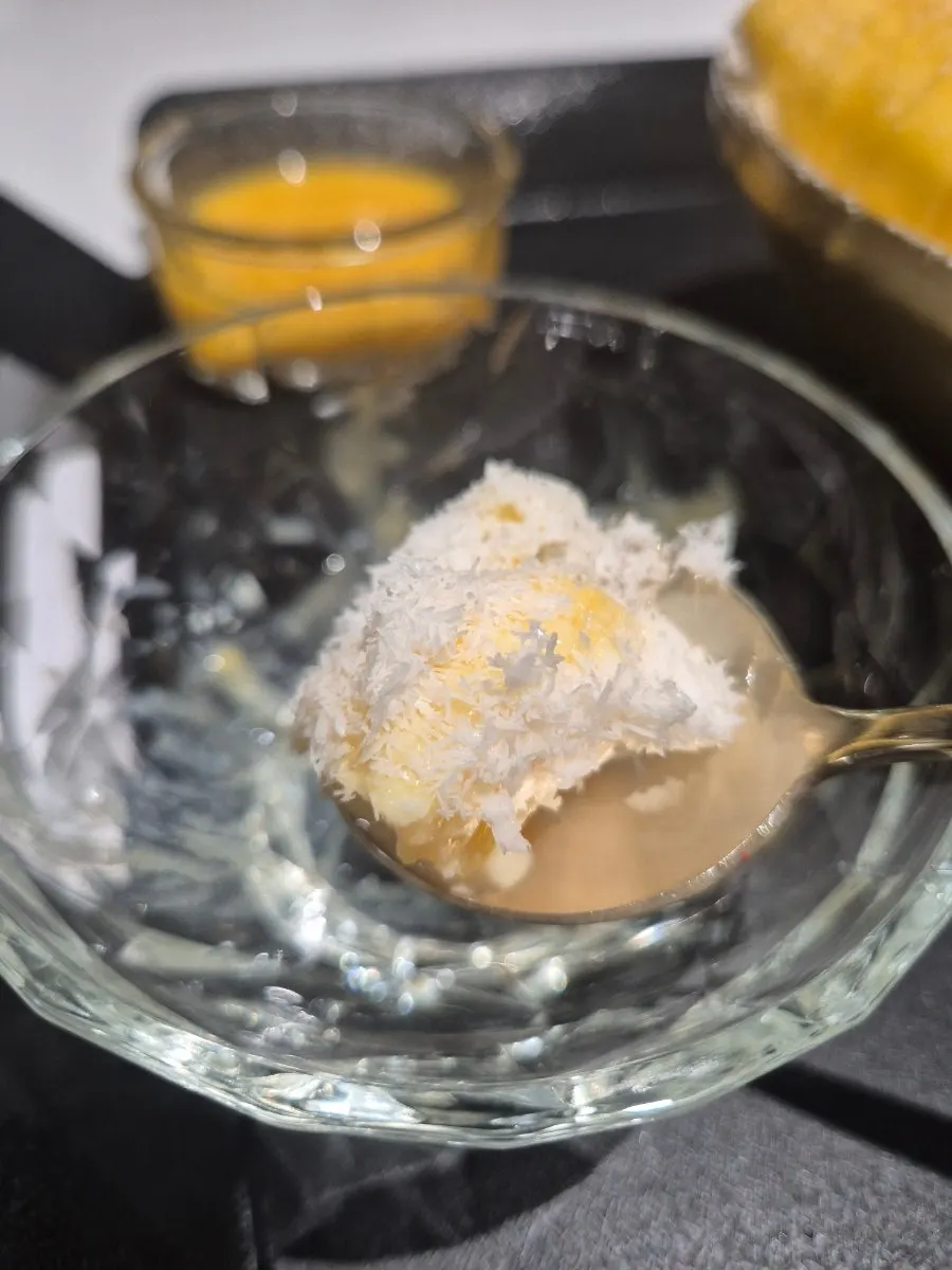 Bingsu with mango purée drizzled on top