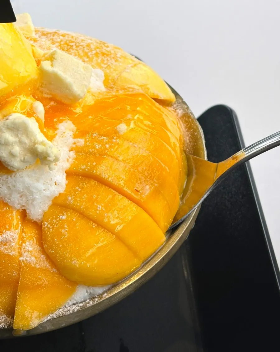 Vanilla ice cream, cube cheese, and mango purée served alongside
