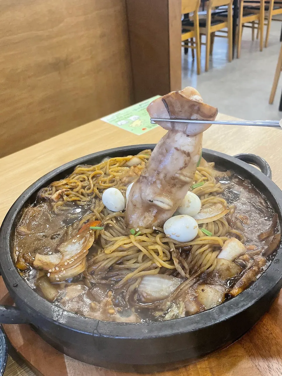 Shrimp and quail eggs mixed into the stone jjajang