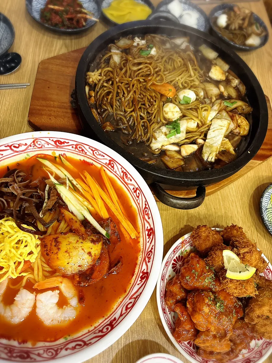 A generously spread table of food