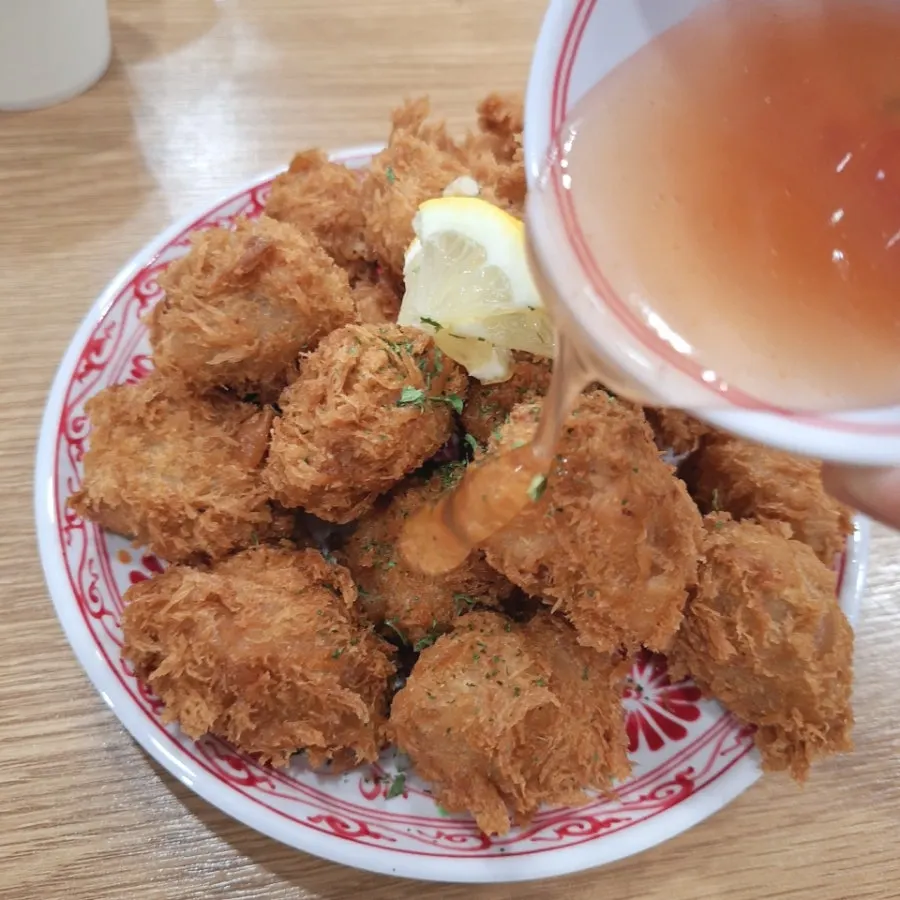 A plate of handmade pork soup and chicken soup
