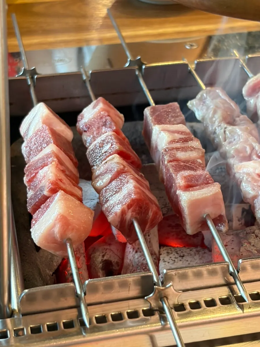 Close-up of lamb skewers grilling over charcoal