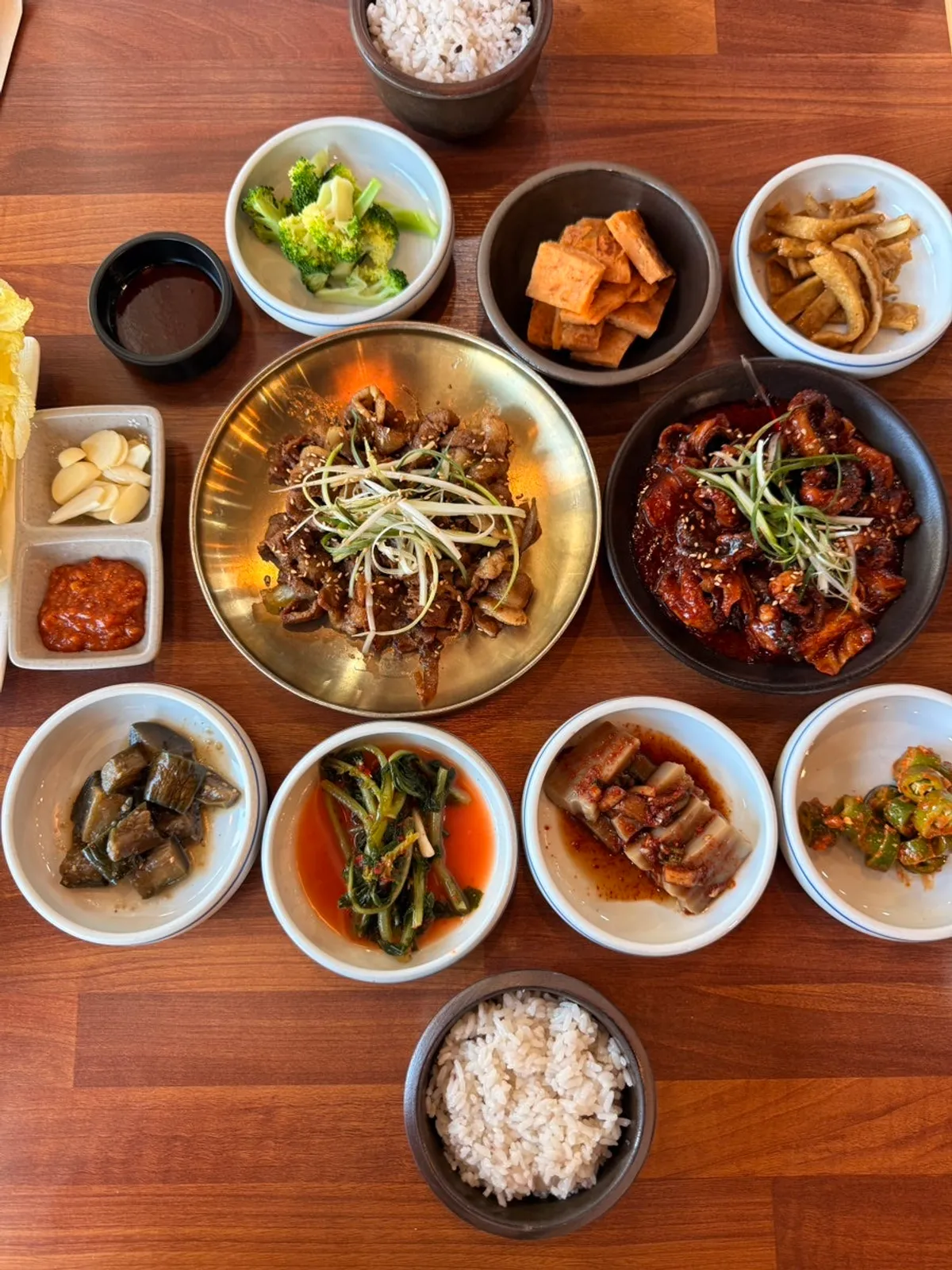 A complete spread of side dishes and main dishes