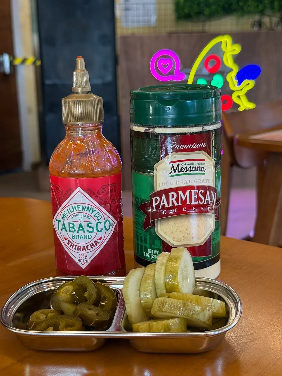 Self-service bar with pizza accompaniments
