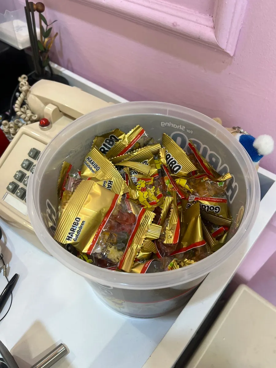 Haribo gummies received at the counter after paying