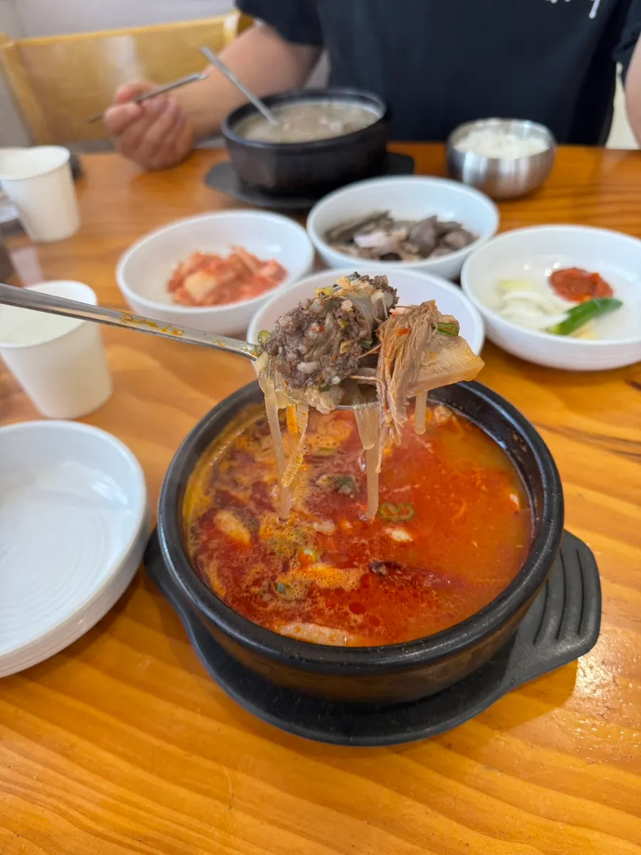 Spicy sundae-guk boiled with hot chili peppers