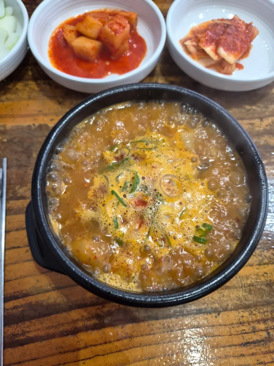 Garlic, chili, raw onion, and ssamjang from the self-bar