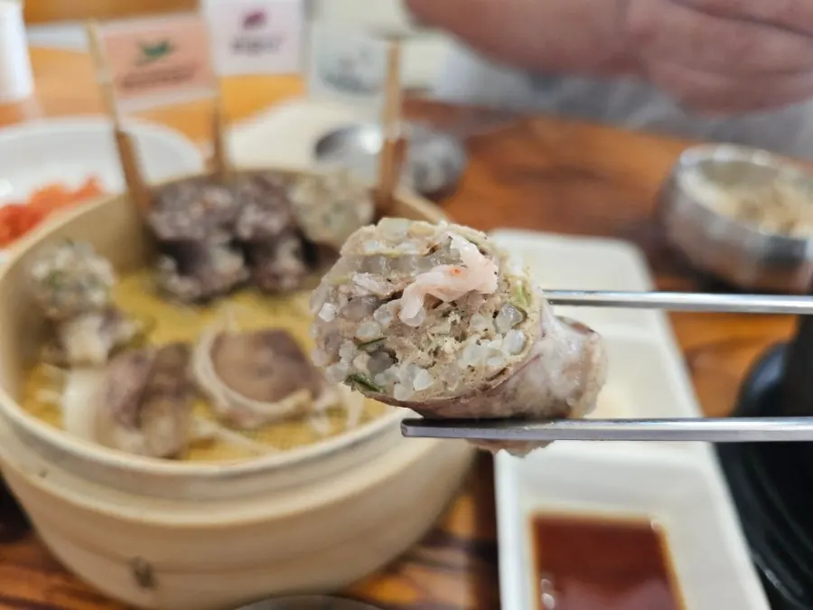 Sundae-guk with added perilla powder and salted shrimp
