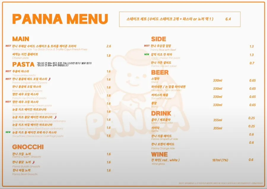 Panna's menu board showing best menu items