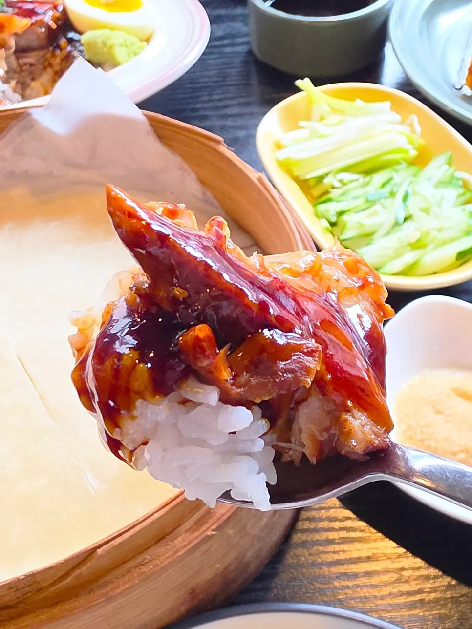 Tender dongpo pork with rice and bok choy