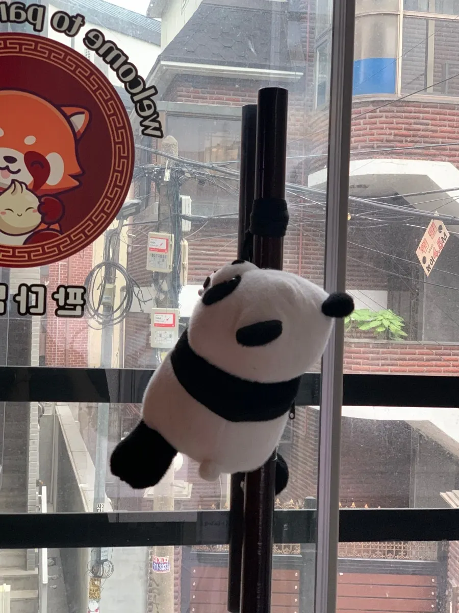 Door handle with panda decoration at Panda Dim Sum's entrance