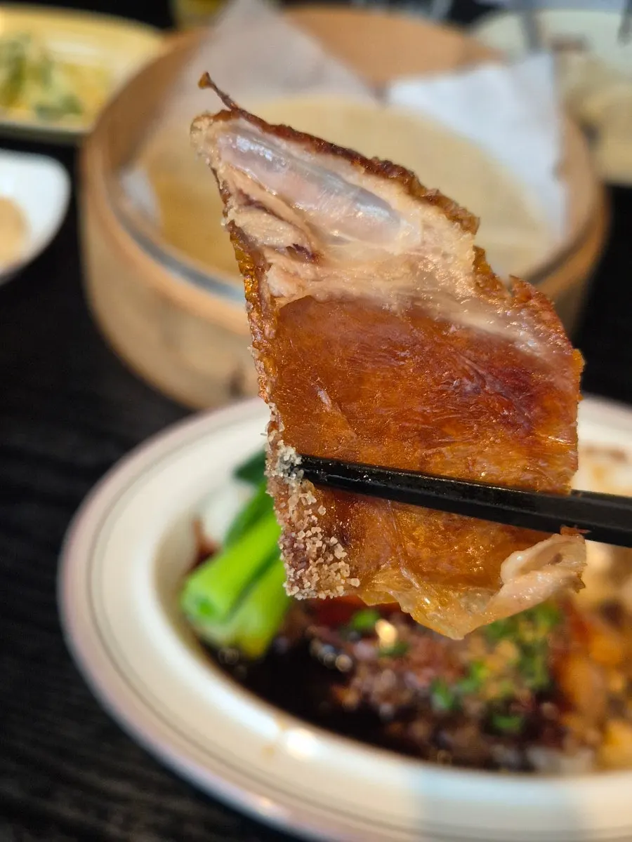 Plate of glossy sliced Peking duck