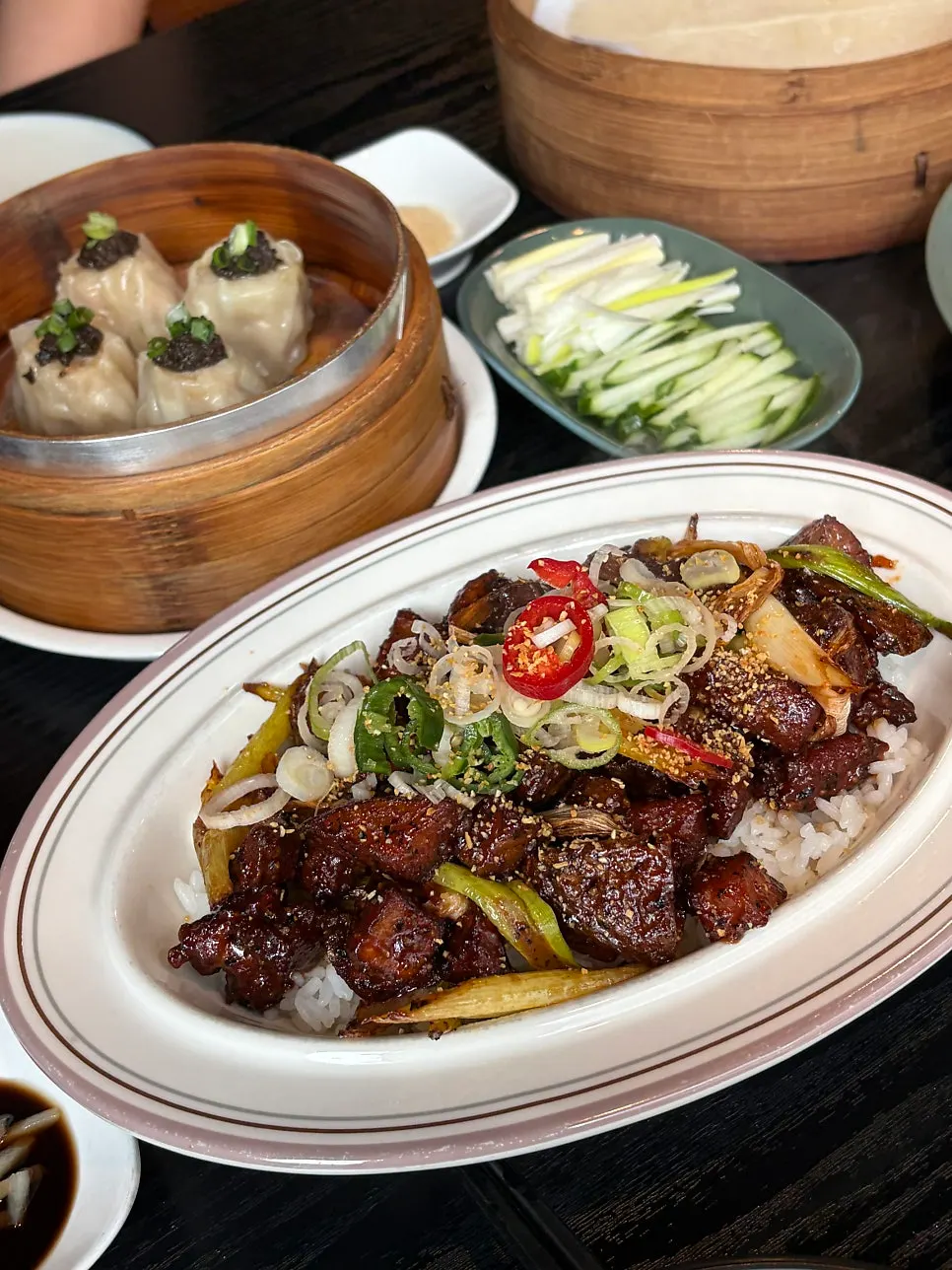 Panda Dim Sum's black pepper beef rice bowl