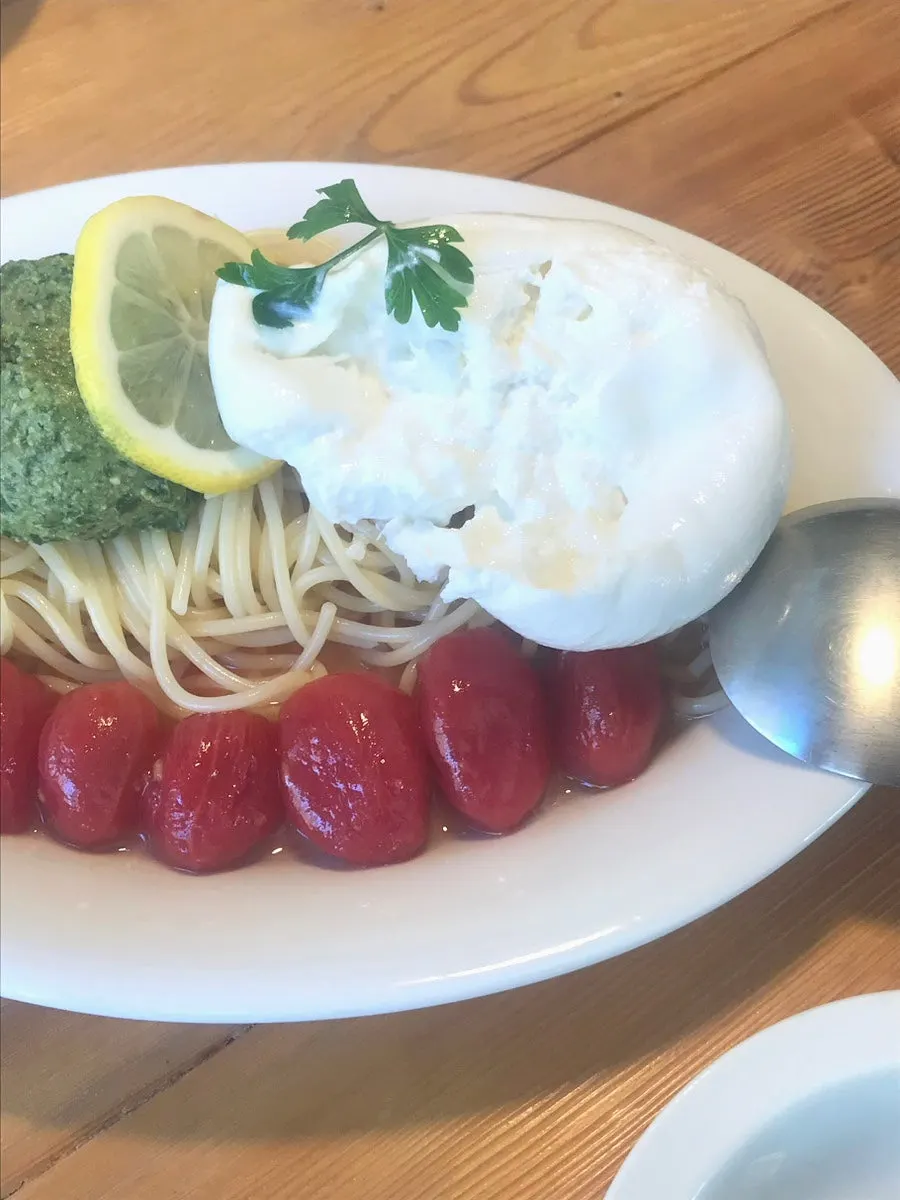 Cold pasta with burrata cheese