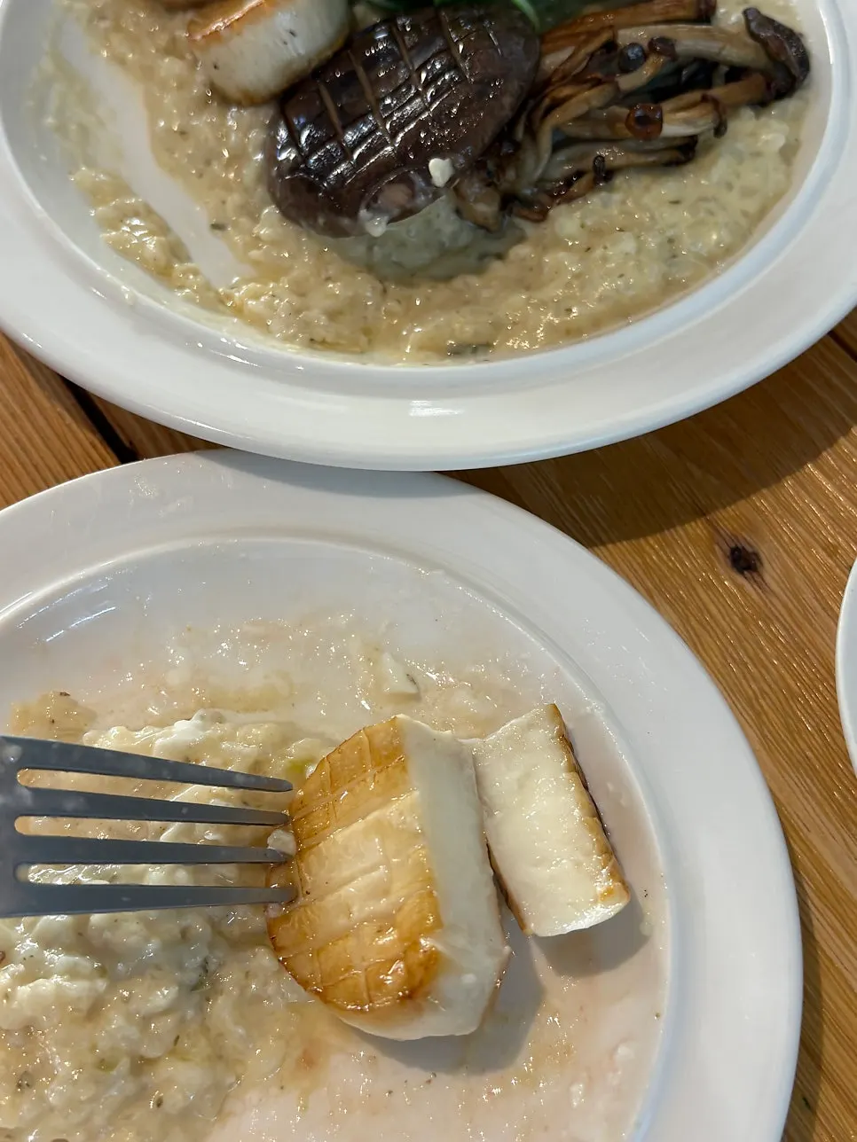 Close-up of thick-sliced mushrooms in the risotto