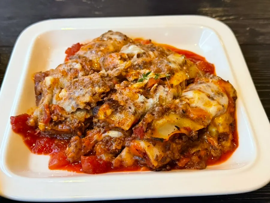 Sliced cross-section of Andover's lasagna on a plate