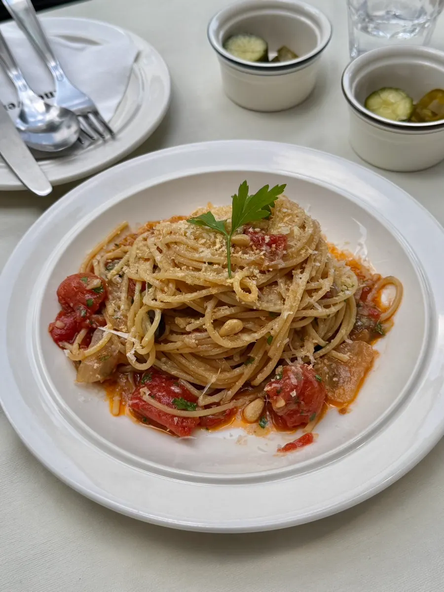 Close-up of the anchovy pasta noodles