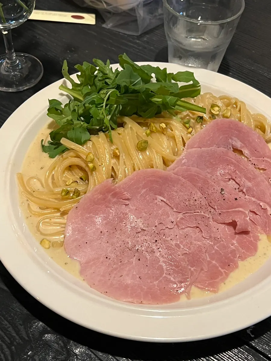 Jambon cream pasta and burrata tomato salad at Andover