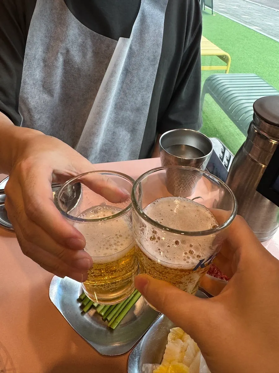 Soju-and-beer mix on the table before the meat arrives