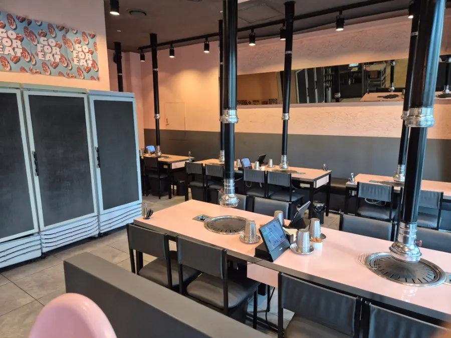 Wide, clean table layout at the Pangyo pork BBQ restaurant