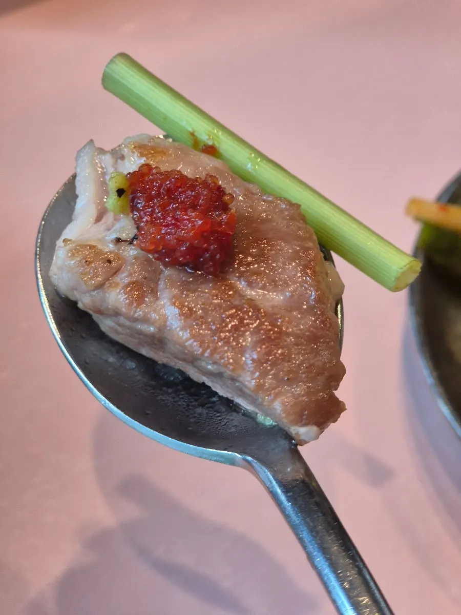 Meat combined with herring roe and minari